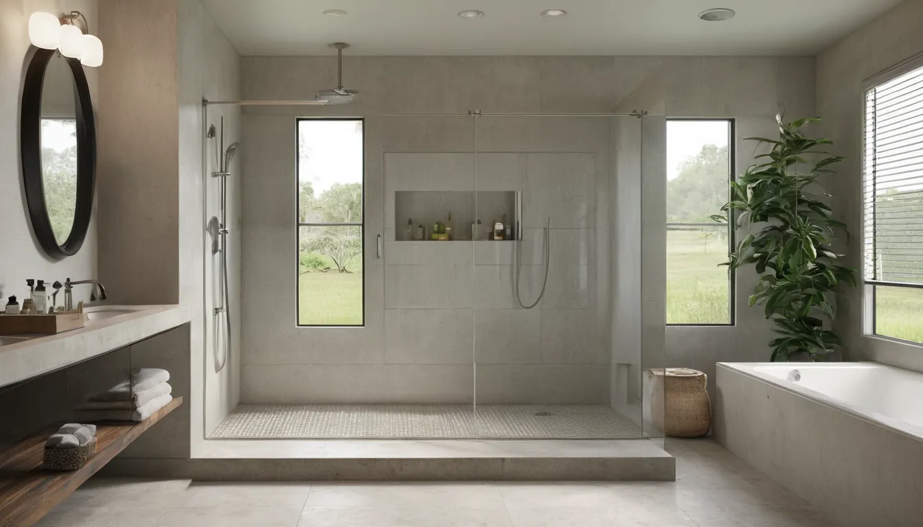 Bright, modern step-in shower with a low threshold and grab bar in a Clermont home